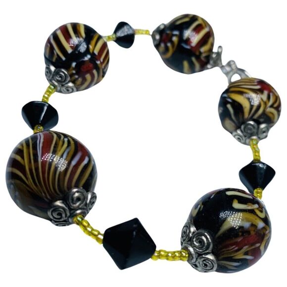 Murano Italy Swirl Multicolor Chunky Glass Bead Bracelet 9" Rare 19mm Trendy - Picture 10 of 10